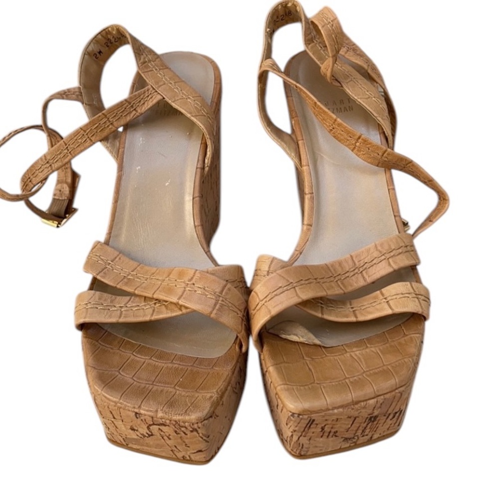Stuart Weitzman size 10 tan ankle strap platforms cork heel